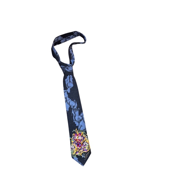 Ed Hardy Necktie Christian Audigier Black Blue Tattoo Graphic Tie Mens - Picture 2 of 7